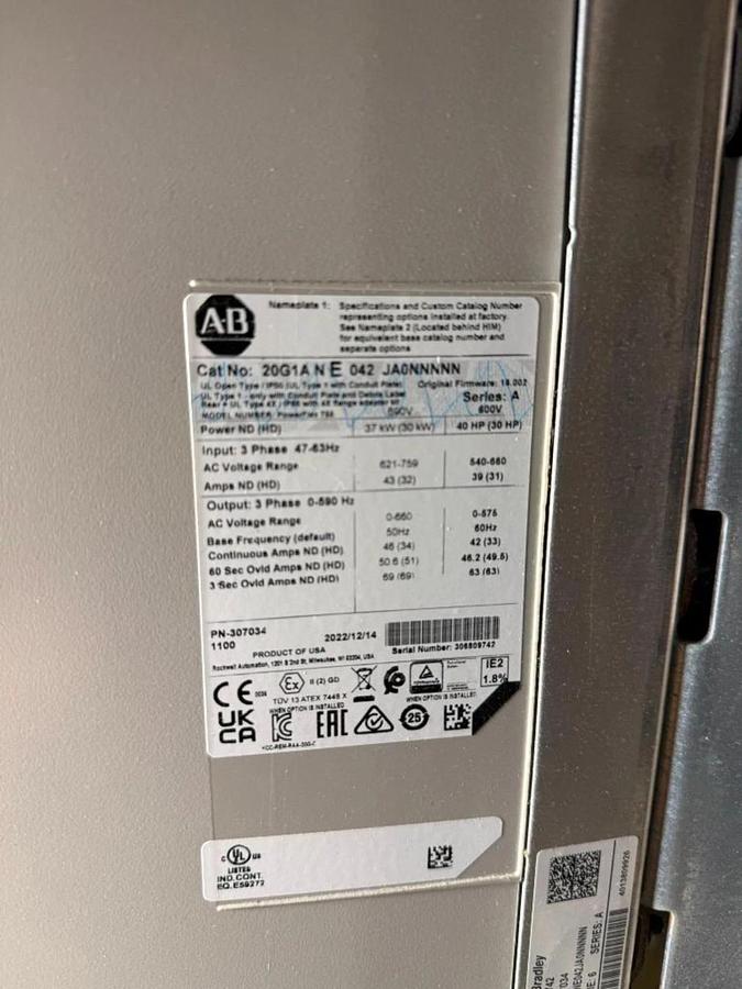 Used 40 HP ALLEN BRADLEY POWERFLEX 755 DRIVE CAT. 20G1ANE042JA0NNNNN 600V