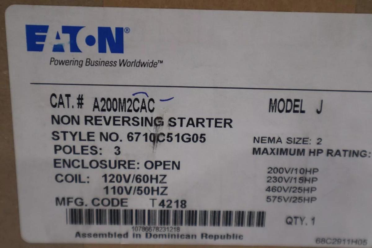 Used EATON A200M2CAC 6710C51G05 110/120V MODEL J NEW IN BOX NEMA SIZE 2 STOCK G61A