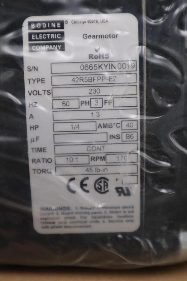 Used Bodine gear motor 42r5bfpp-e2 230V 3PH 1/4HP 10:1 170 RPM NEW UNIT STOCK H711