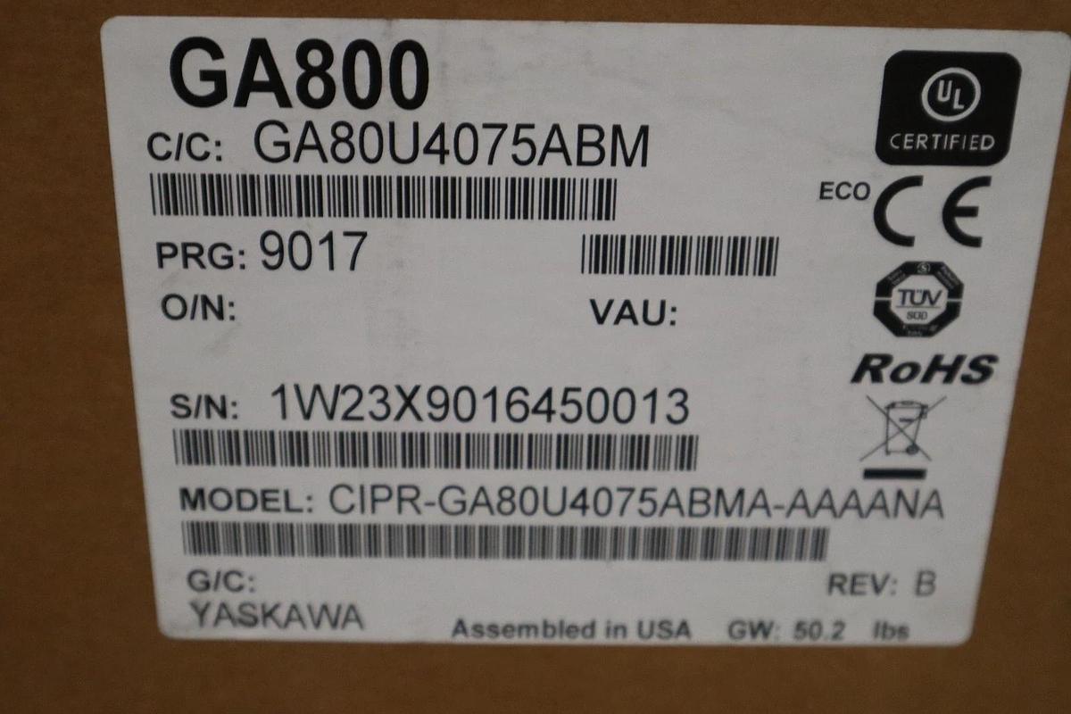 Used YASKAWA GA800 50 HP DRIVE GA80U4075ABM / CIPR-GA80U4075ABMA-AAAANA REV. B NEW