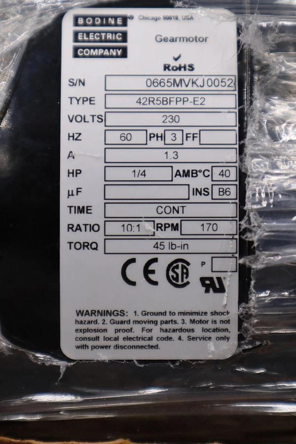 Used Bodine gear motor 42r5bfpp-e2 230V 3PH 1/4HP 10:1 170 RPM NEW UNIT STOCK H712