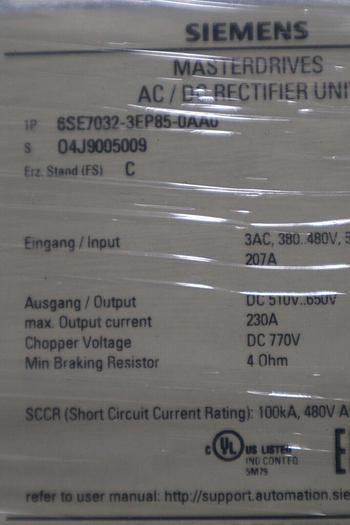 NEW Siemens 6SE7032-3EP85-0AA0 RECTIFIER AC/DC 230A IP380-480VAC STOCK 5121
