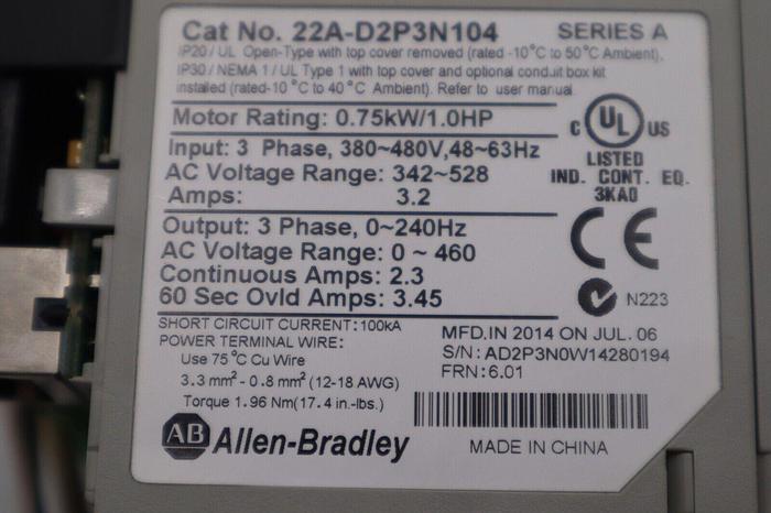 Used Allen Bradley 22A-D2P3N104 /A PowerFlex 4 AC Drive 1HP 3Ph 480V STOCK 5730