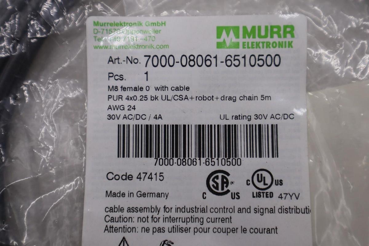 NEW MURR 7000-08061-6510500 M8 FEMALE 0° WITH CABLE STOCK K-3959