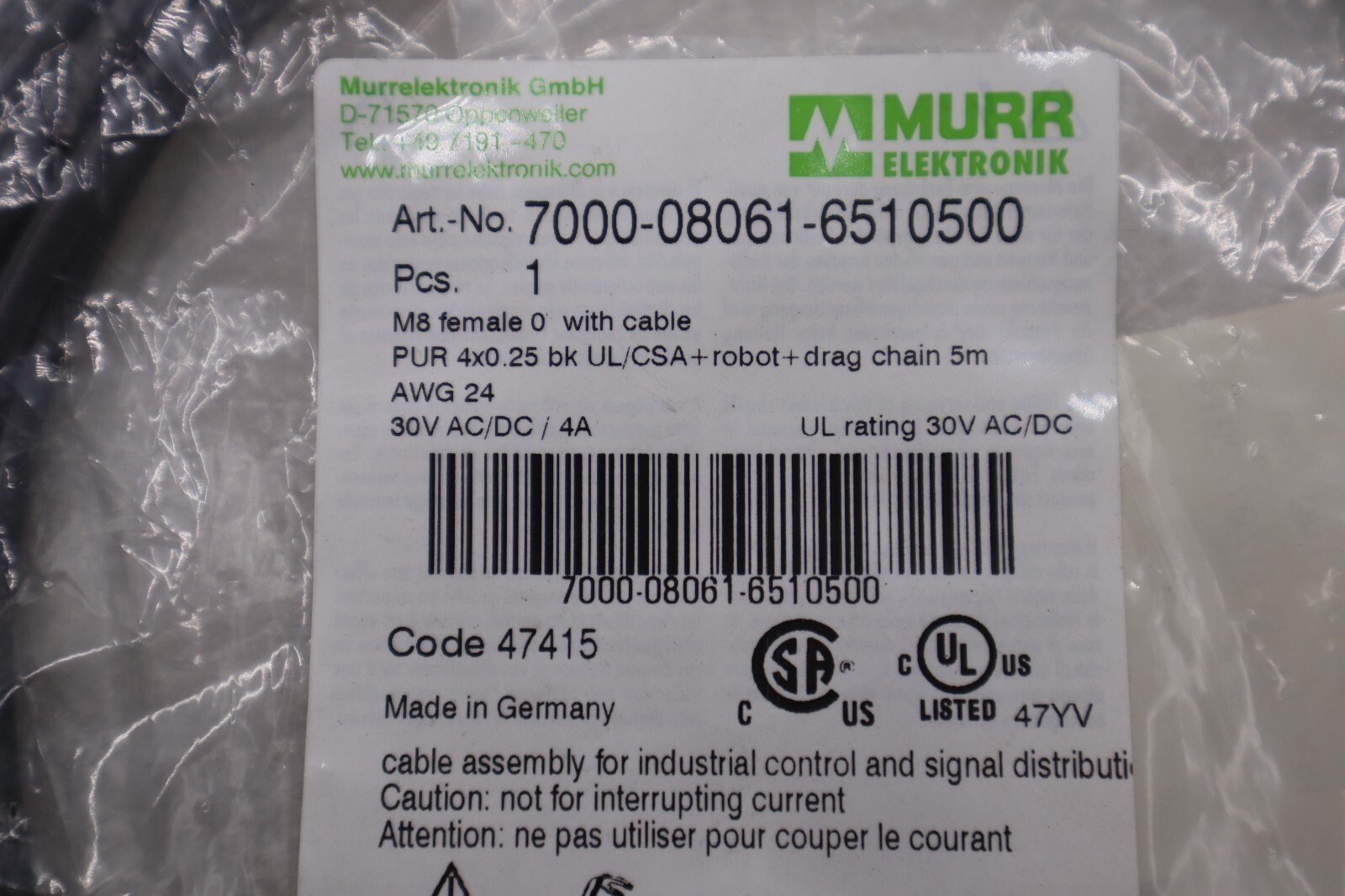 NEW MURR 7000-08061-6510500 M8 FEMALE 0° WITH CABLE STOCK K-3959