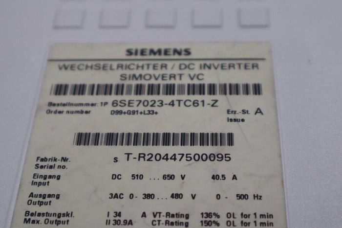 Used SIEMENS 6SE7023-4TC61-Z VECTOR CONTROL INVERTER COMPACT UNIT STOCK 4765