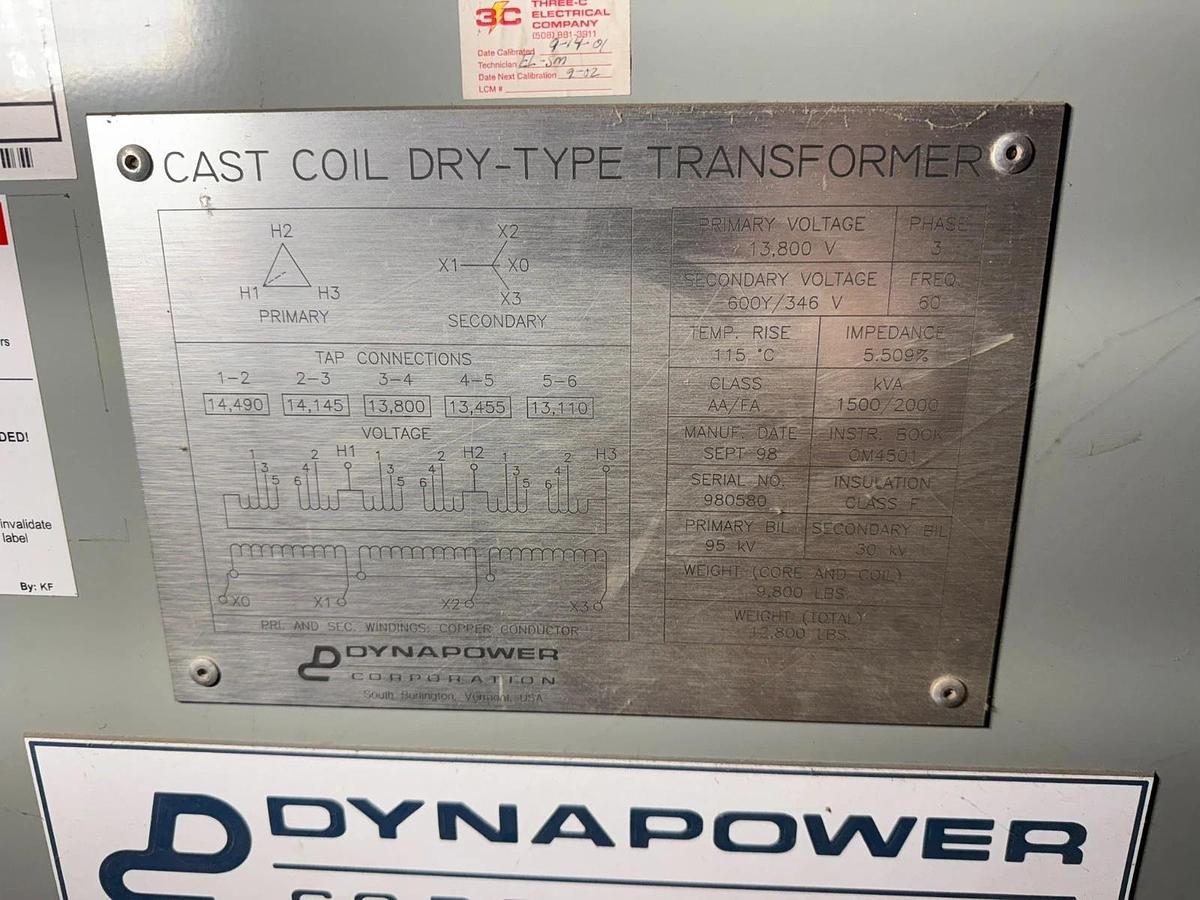 Used DYNAPOWER 2000 kVA 13800 Delta to 600Y 3PH Dry Type Transformer Copper Windings