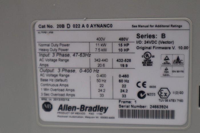 Allen Bradley 20BD022A0AYNANC0 Ser B 15 HP, PowerFlex 700 AC Drive STOCK 1208