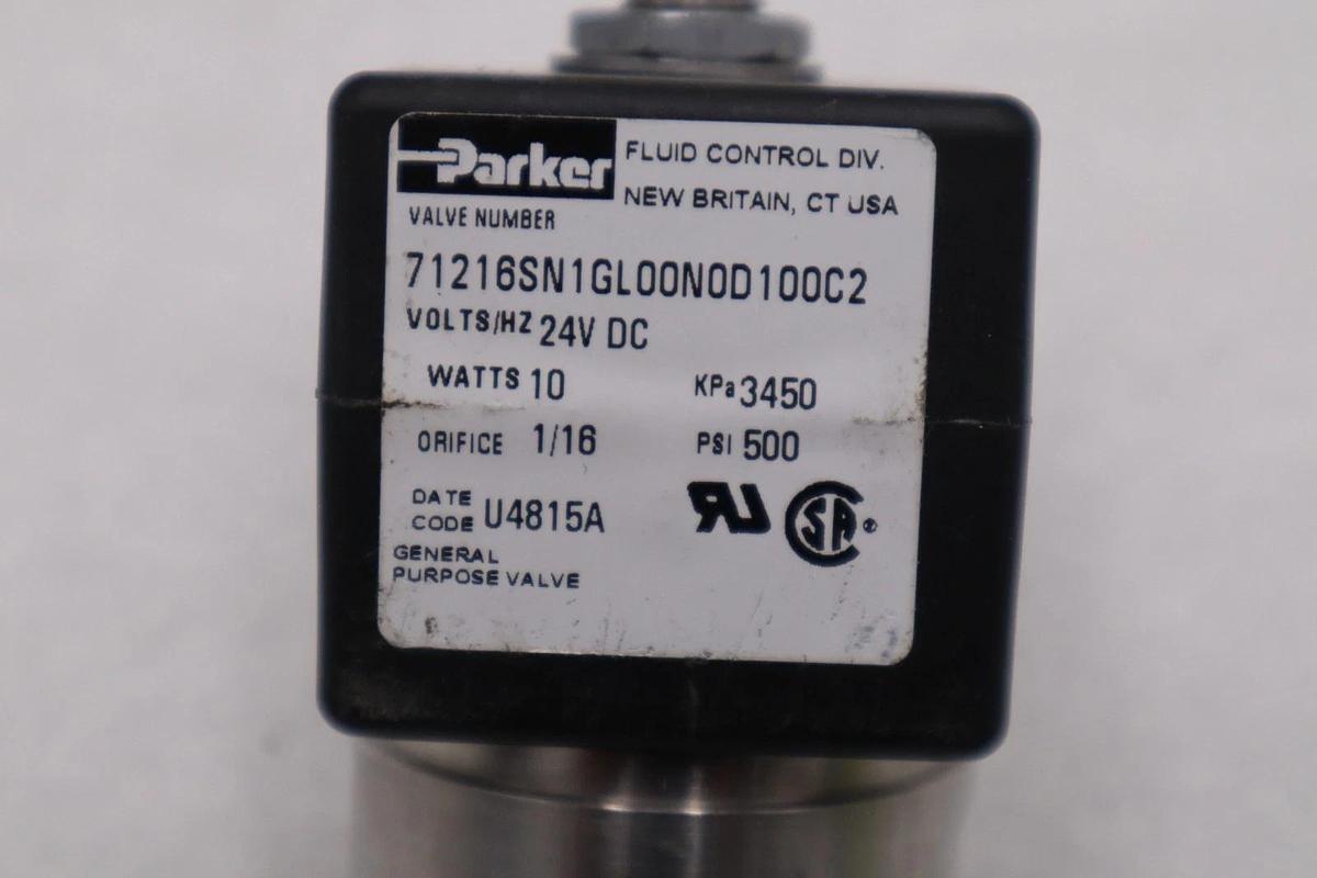 Used PARKER 71216SN1GL00N0D100C2 24VDC PSI 500 1/16 10WATTS STOCK H1329A