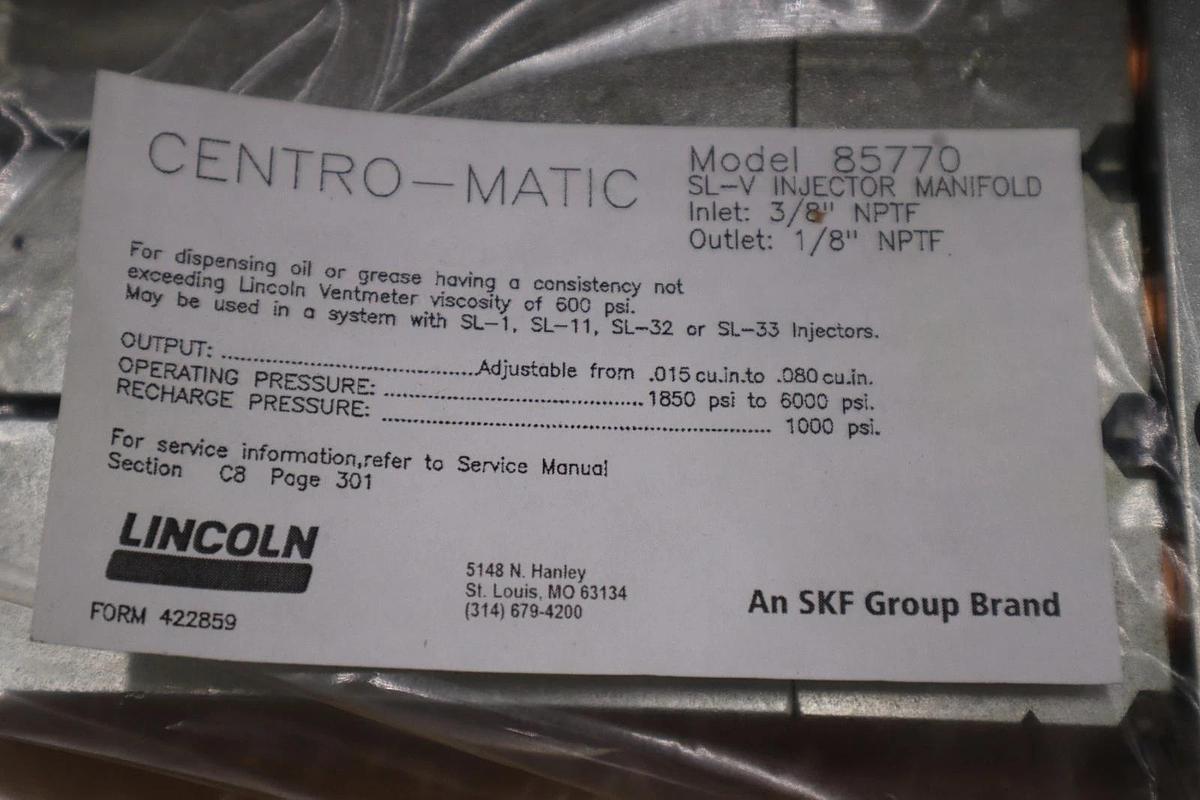 NEW OPEN BOX Lincoln 85770-4 SL-V Injector Manifold Assembly STOCK 5705CC