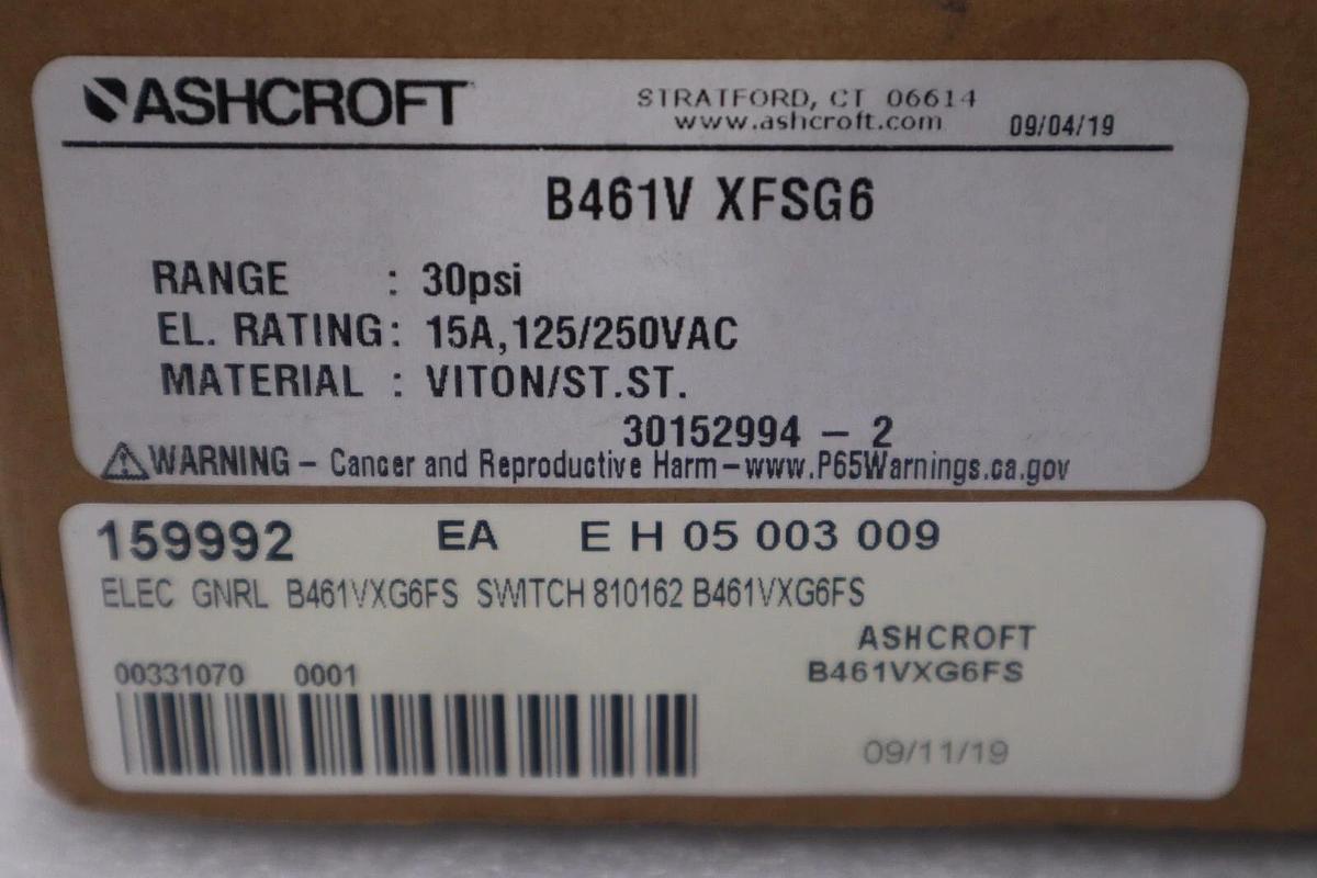 Used ASHCROFT b461v xfsg6 / b461vxfsg6 30 psi NEW IN BOX STOCK G429A