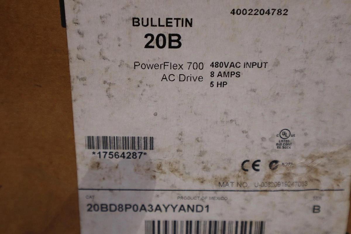 Used ALLEN-BRADLEY 20BD8P0A3AYYAND1 POWERFLEX 700 SERIES B NEW DRIVE STOCK #5355