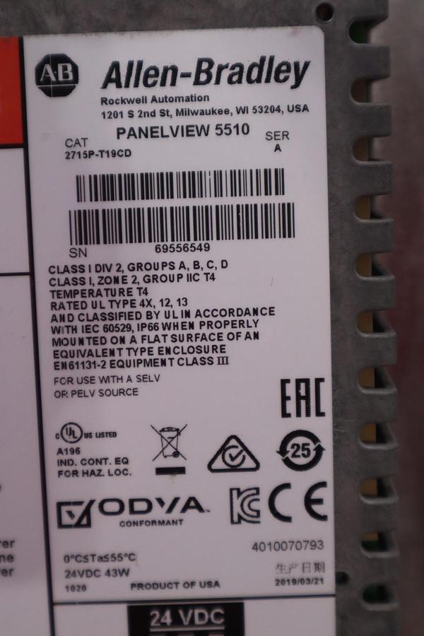Used Allen-Bradley 2715P-T19CD /A PanelView 5510 Operator Interface Panel 24VDC