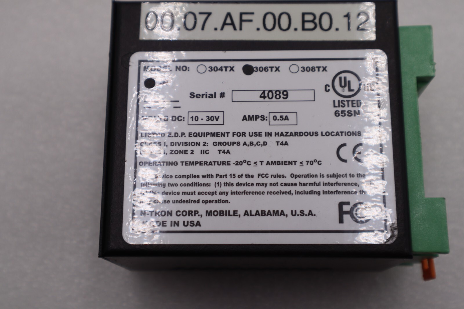 Used N-TRON 306TX 6 PORT INDUSTRIAL ETHERNET SWITCH 10/100 BASE 10-30VDC 0.5A #L-608