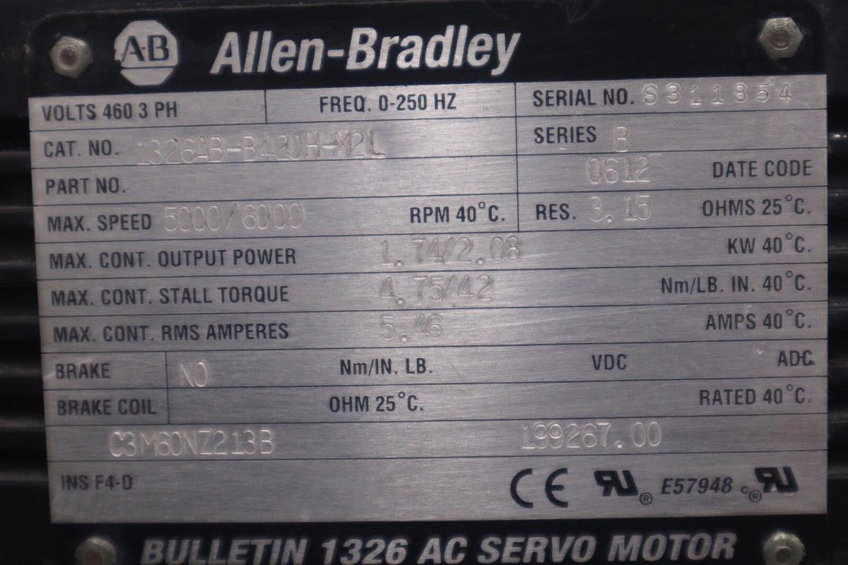 Used ALLEN BRADLEY 1326AB-B420H-M2L SERVO MOTOR AC PERMANENT MAGNET STOCK M-162