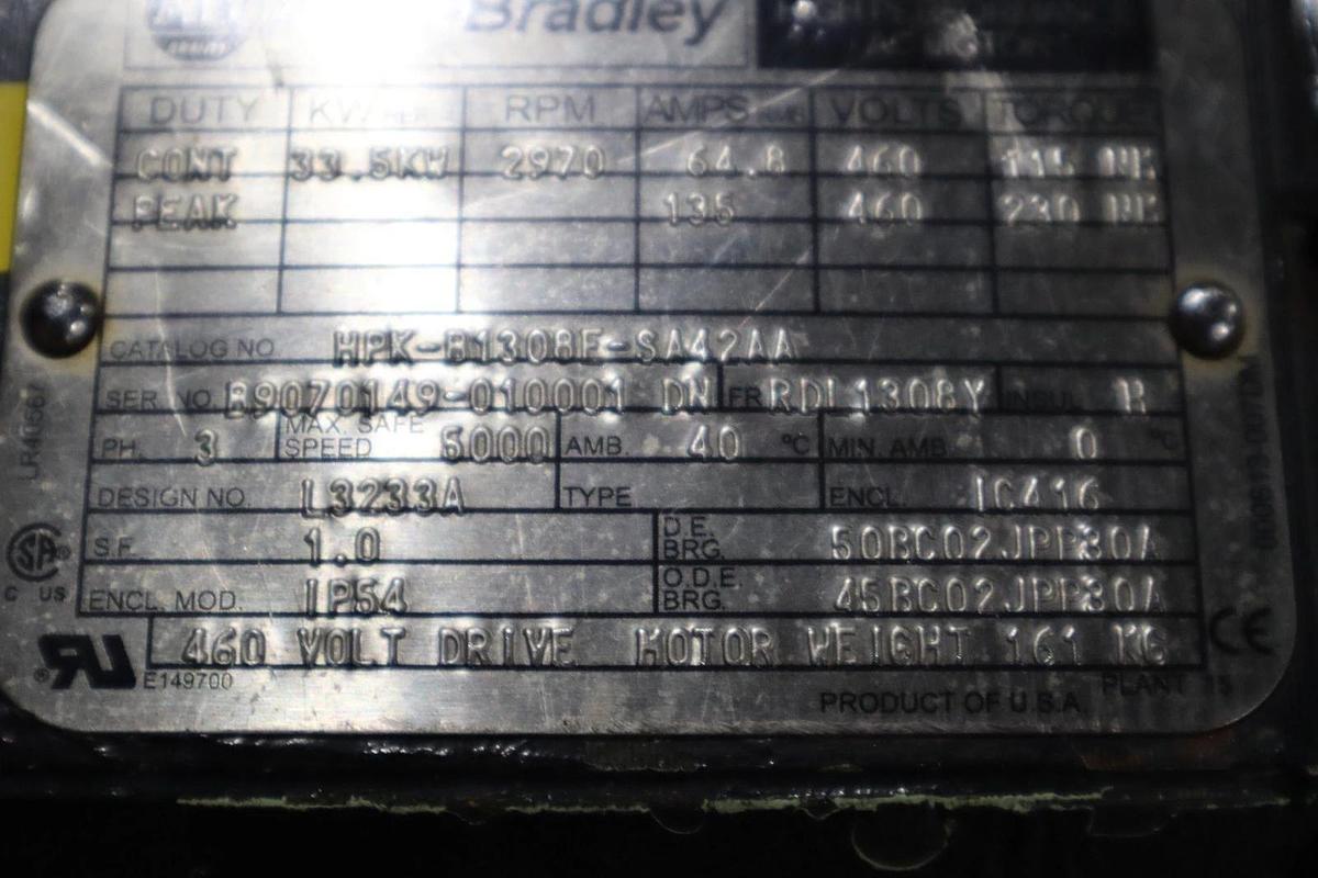 Used Allen-Bradley HPK-B1308E-SA42AA High Power AC Servo Motor (MISSING BACK COVER)