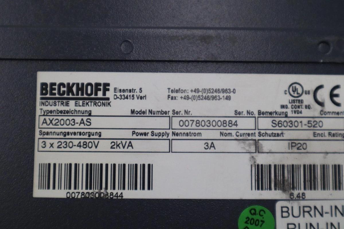 Used Beckhoff AX2003-AS S60301-520 Digital Compact Servo Drive Amplifier STK 3438-D