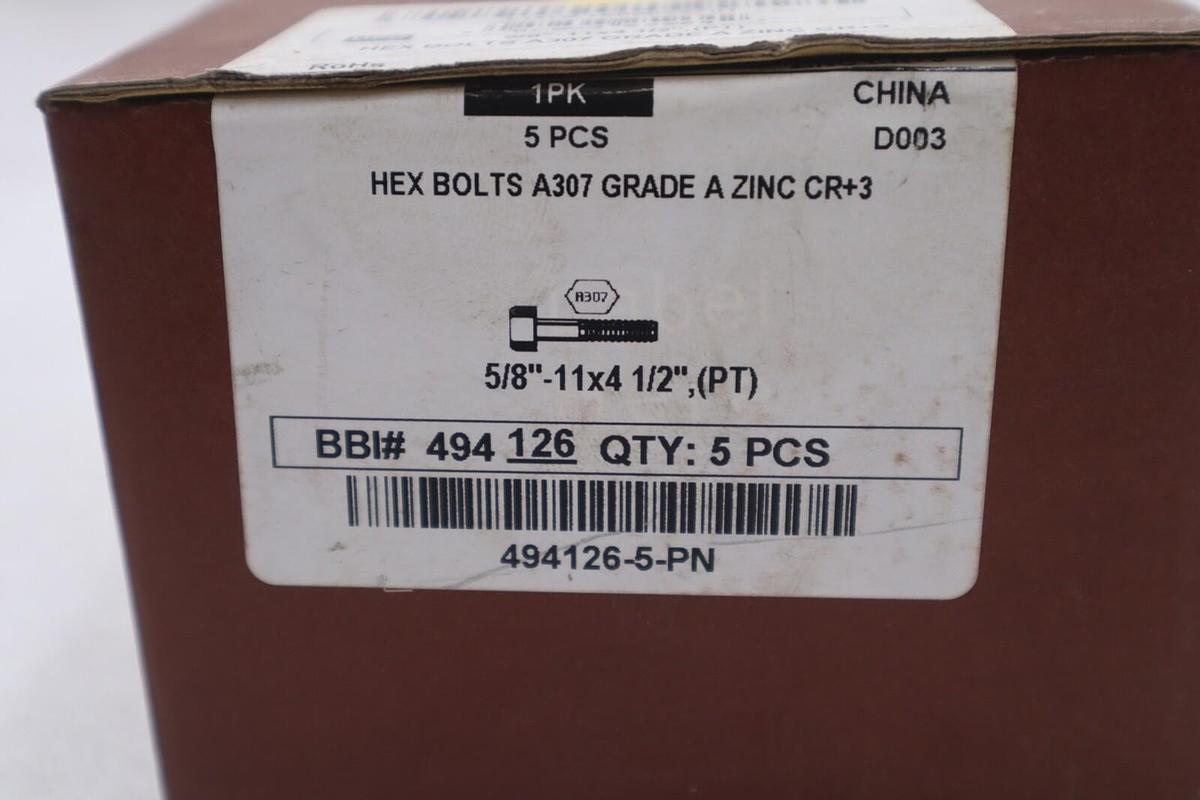 Used HEX BOLTS A307 GRADE A ZINC CR+3 5/8'-11x4 1/2", (PT) 494126-5-PN #K-3057