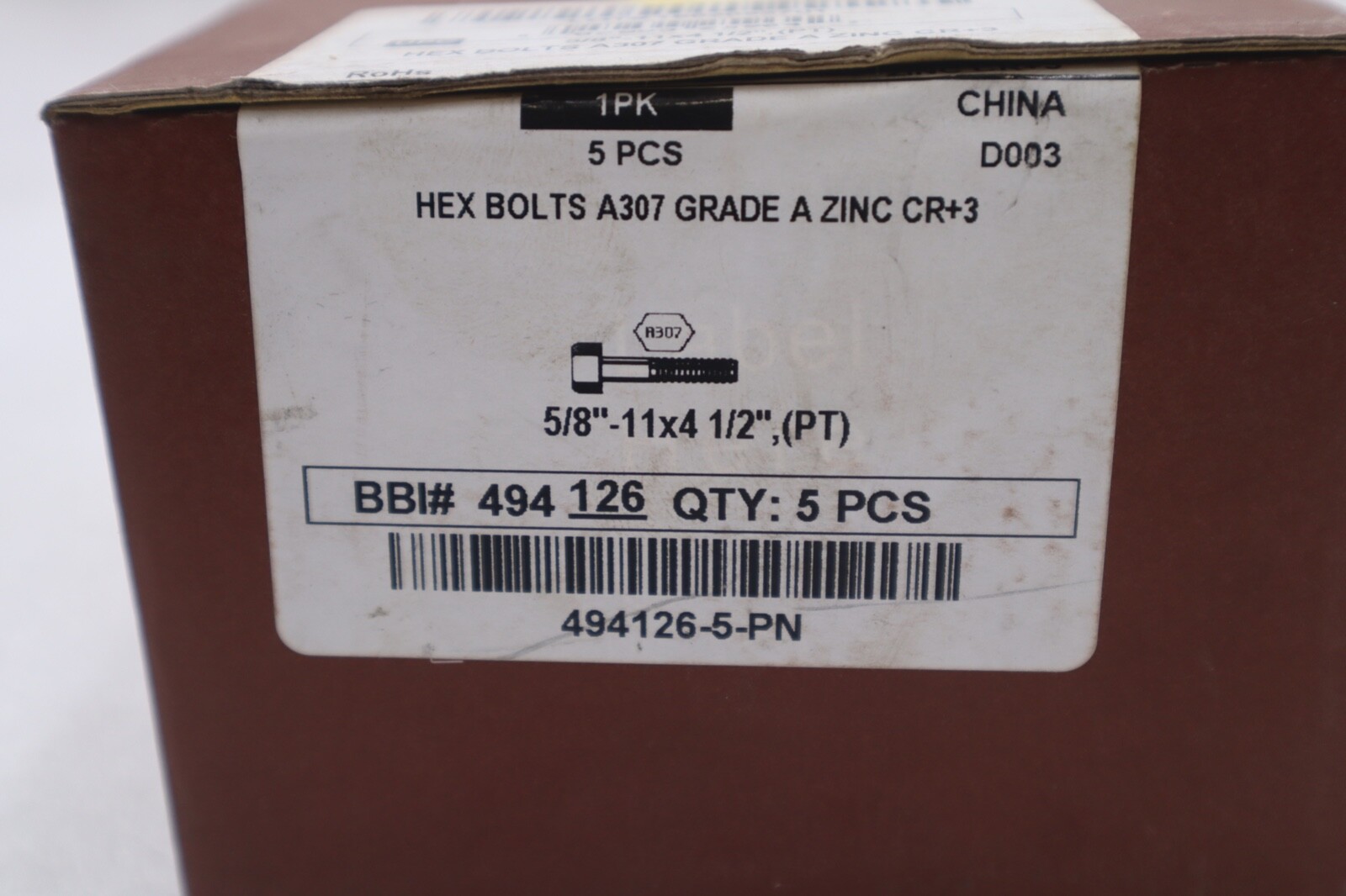 Used HEX BOLTS A307 GRADE A ZINC CR+3 5/8'-11x4 1/2", (PT) 494126-5-PN #K-3057