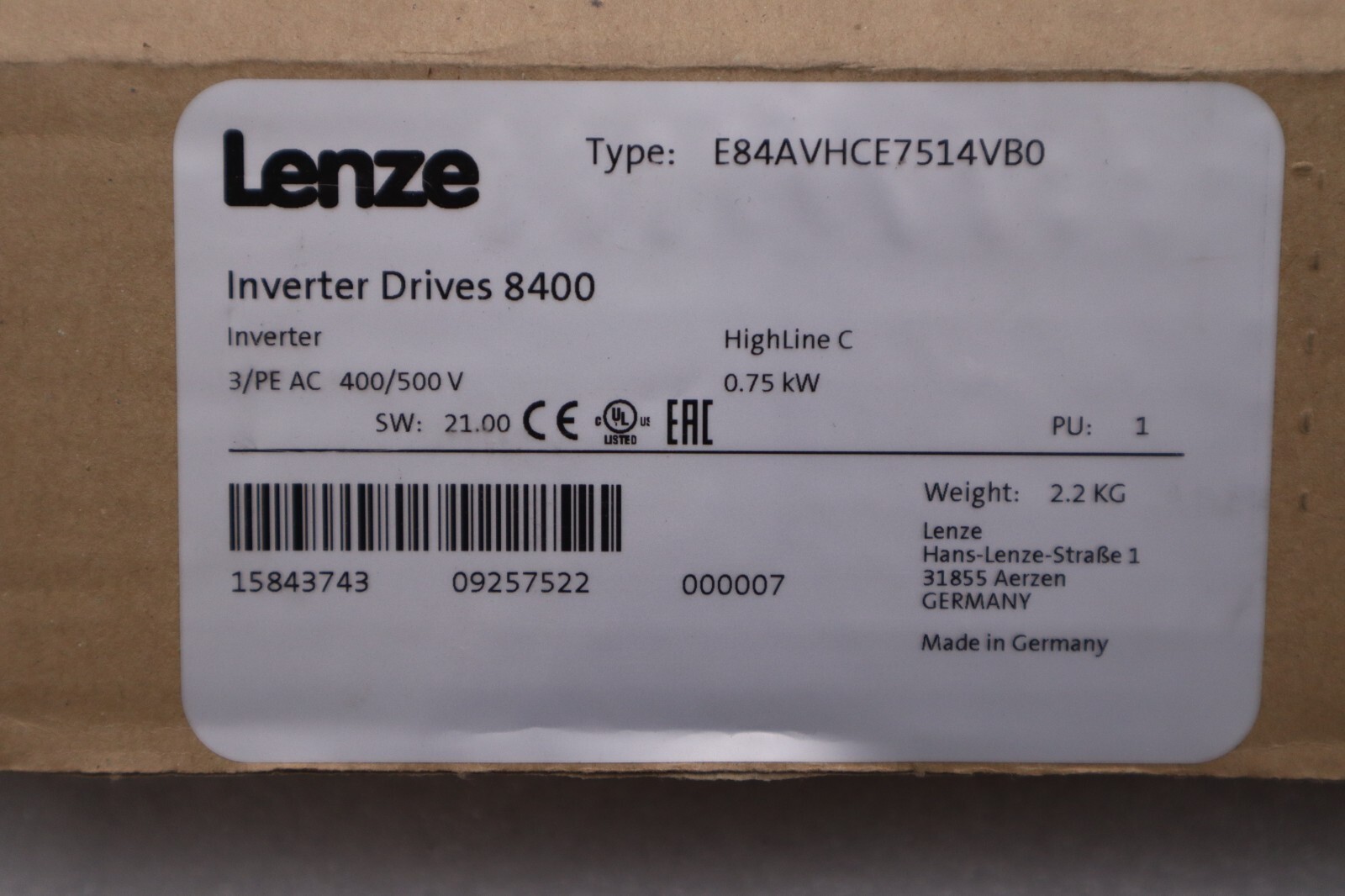 NEW LENZE E84AVHCE7514VB0 INVERTER DRIVE 8400 HIGHLINE C SERIES STOCK 5197