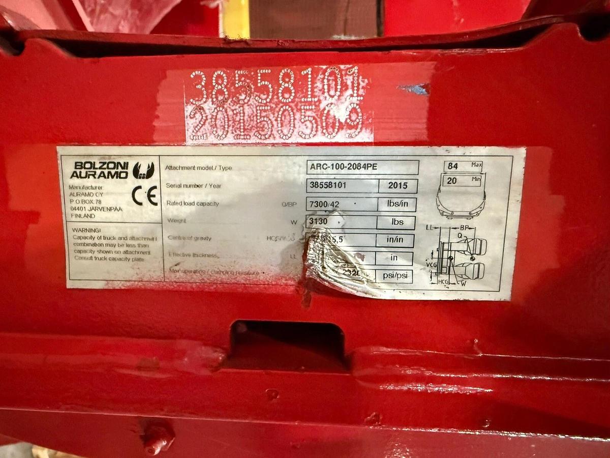 Used 84" BOLZONI AURAMO MODEL ARC-100-2084PE PAPER ROLL CLAMP MANUFACTURED 2015