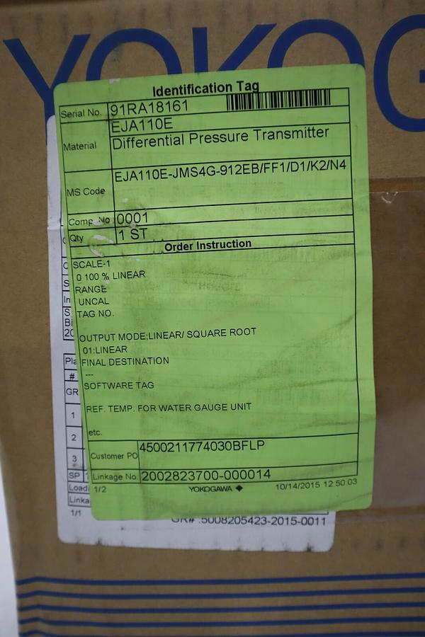 Used YOKOGAWA EJA110E-JMS4G-912EB/FF1/D1/K2/N4 / EJA110EJMS4G912EBFF1D1K2N4 NEW #G126