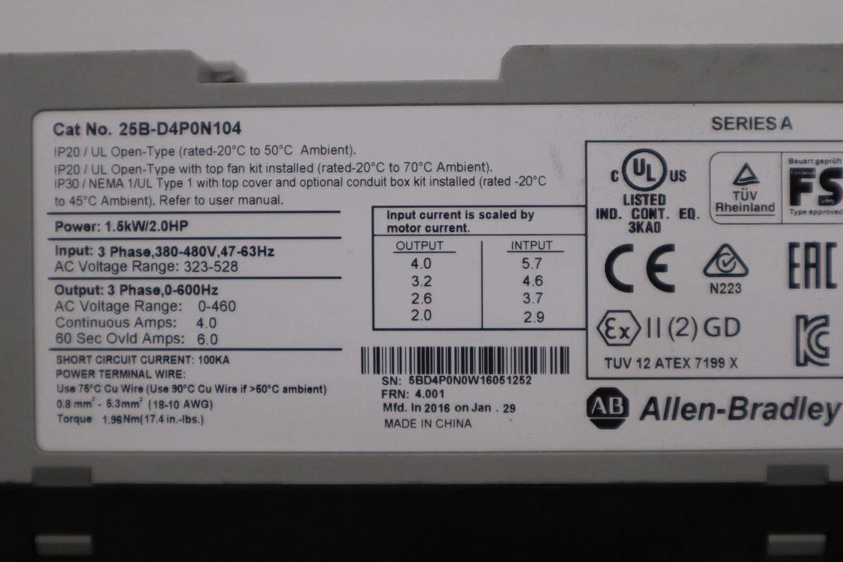 Used USED ALLEN BRADLEY 25B-D2P3N104 POWERFLEX 525 SER. A 1.0HP 25BD2P3N104 #H1820