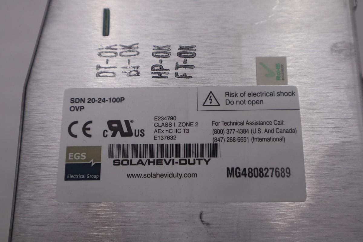 Used SOLA/HEVI-DUTY SDN 20-24-480C DIN Rail Power Supply 24VDC STOCK B-1377