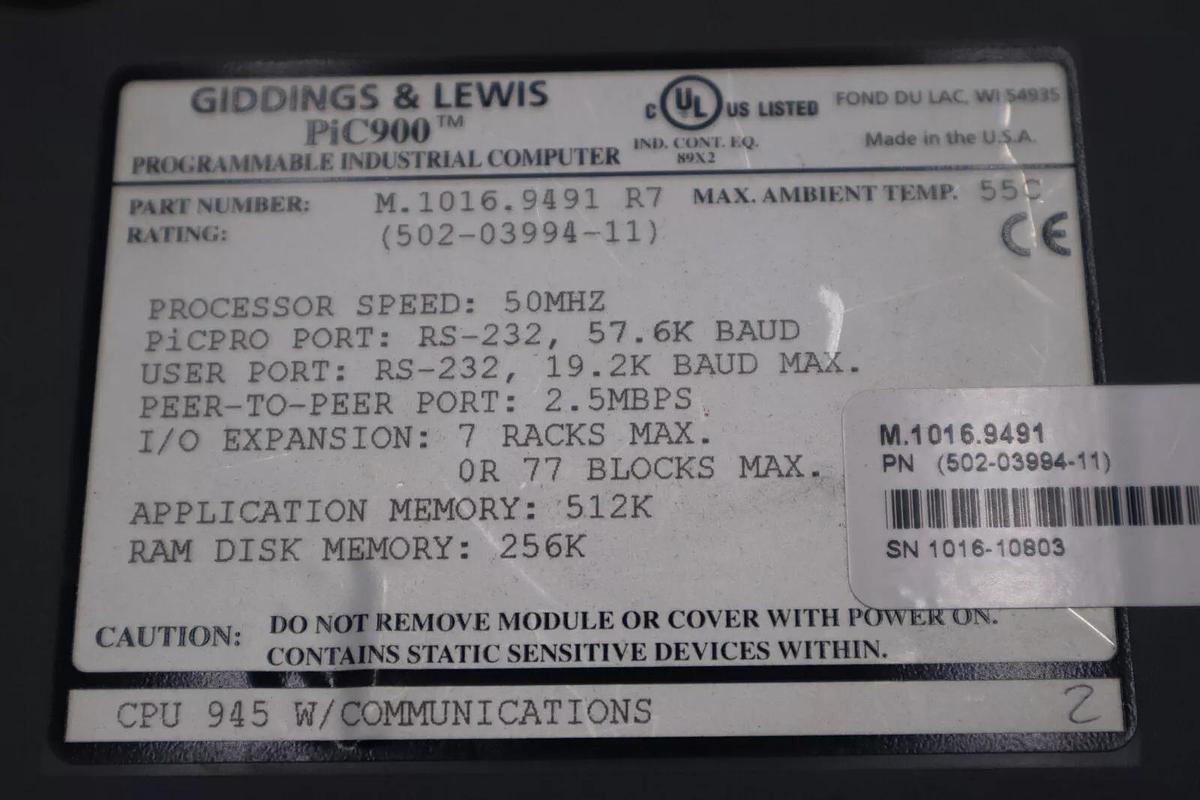 Giddings & Lewis M.1016.9491/ 502-03994-11 Pic900 PROGRAMMABLE CARD STK K-2911-A