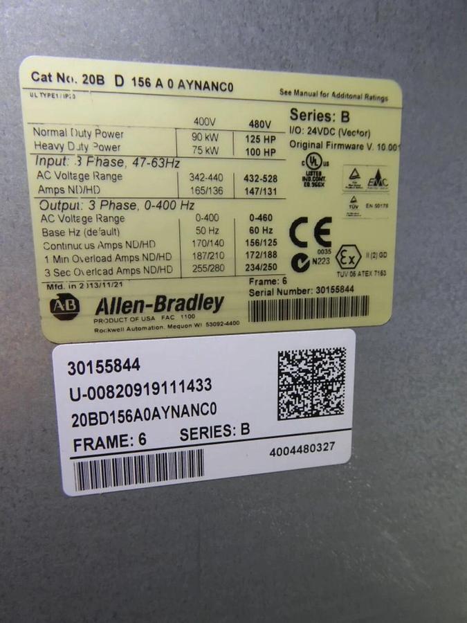 Used 20BD156A0AYNANC0 / B Allen Bradley 156 460V 125HP Powerflex 700 W/ CABINET #S611