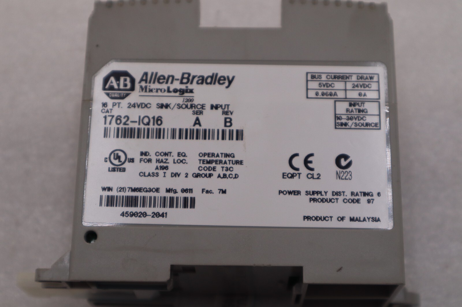 Used Allen-Bradley 1762-IQ16 MicroLogix 16 PT 24V DC Input STOCK K-693-C