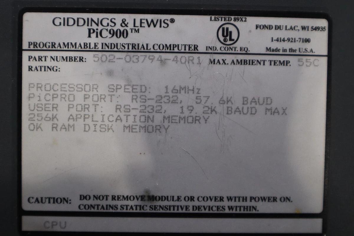Used FIVES GIDDINGS & LEWIS 502-03794-40R1 PIC900 PROGRAMMABLE INDUSTRIAL COMPUTER