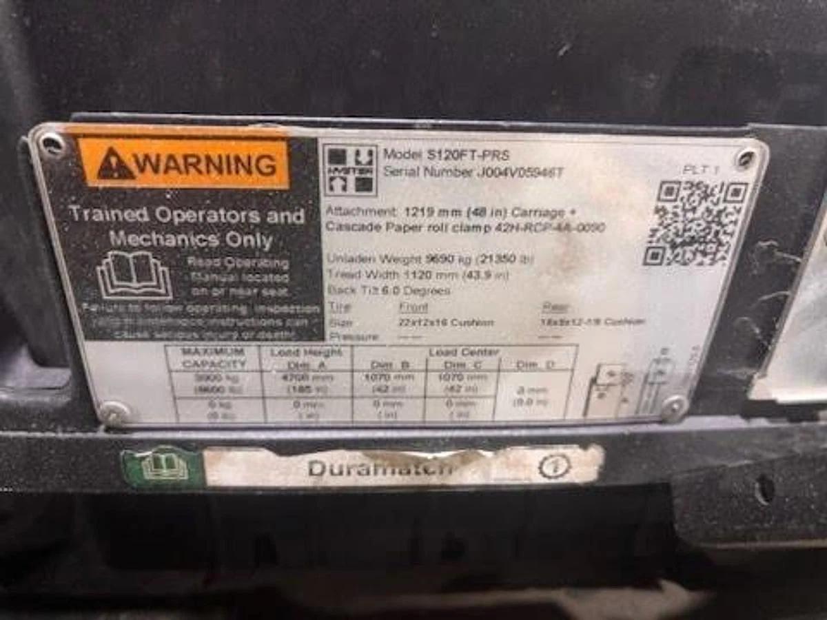 Used 12,000 HYSTER MODEL S120FTPRS LH92"/RH185" WITH 72" CASCADE PAPER ROLL CLAMP