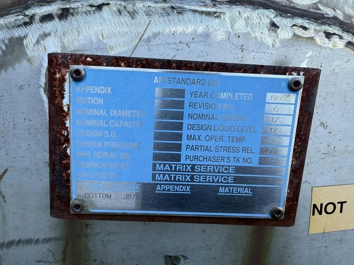 Used 10,000 GALLON MATRIX SERVICE 12' DIAMETER 12' HIGH 316L STAINLESS STEEL  TANK