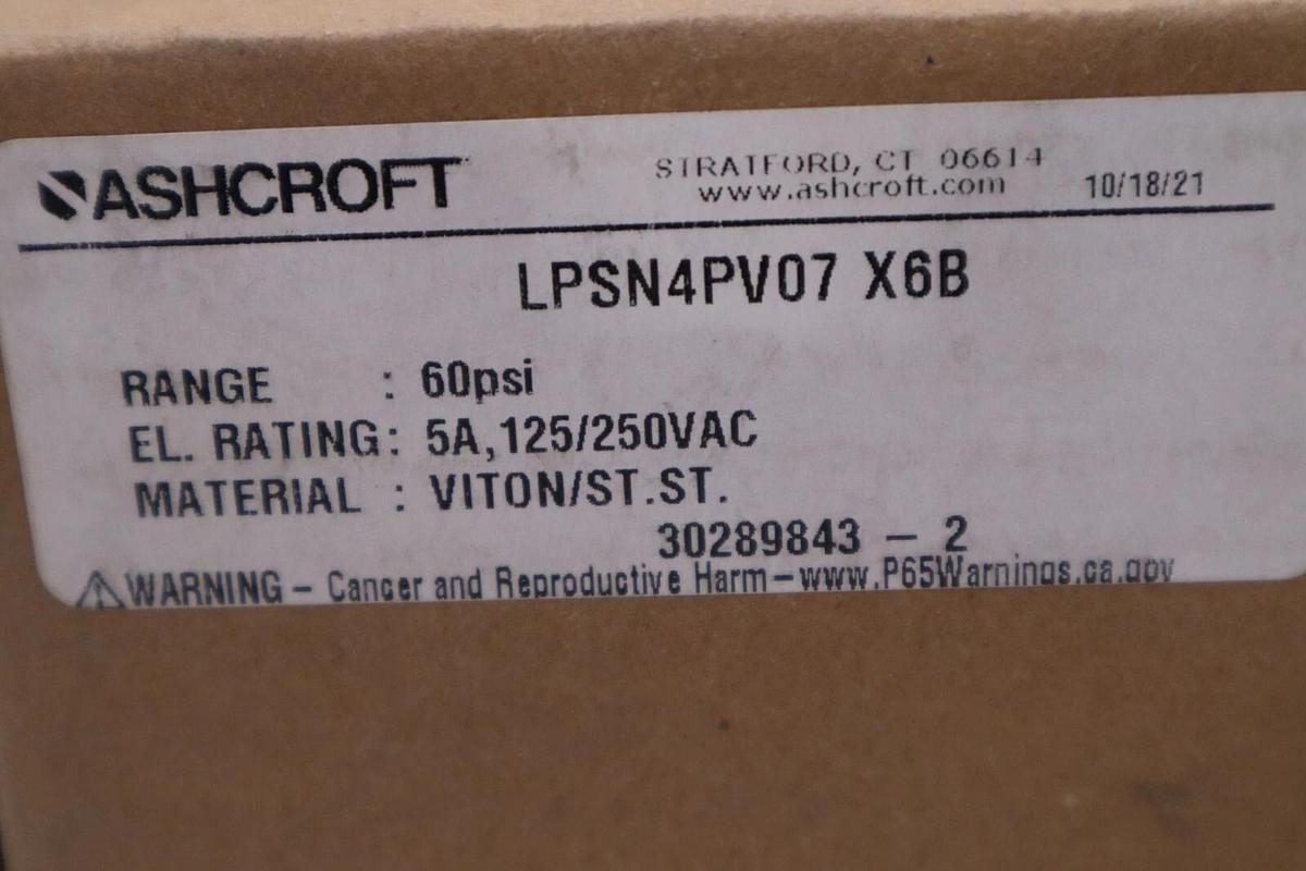 Used NEW ASHCROFT LPSN4PV07 X6B Pressure Switch 60psi 5A 125/250VAC STOCK H185