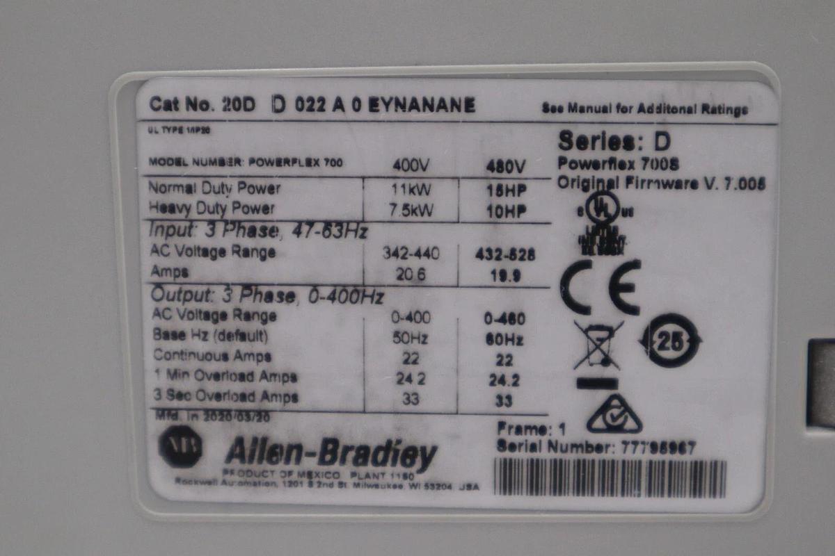 New 2020 Allen Bradley PowerFlex 700S VFD 20DD022A0EYNANANE 15HP STOCK 2146-A