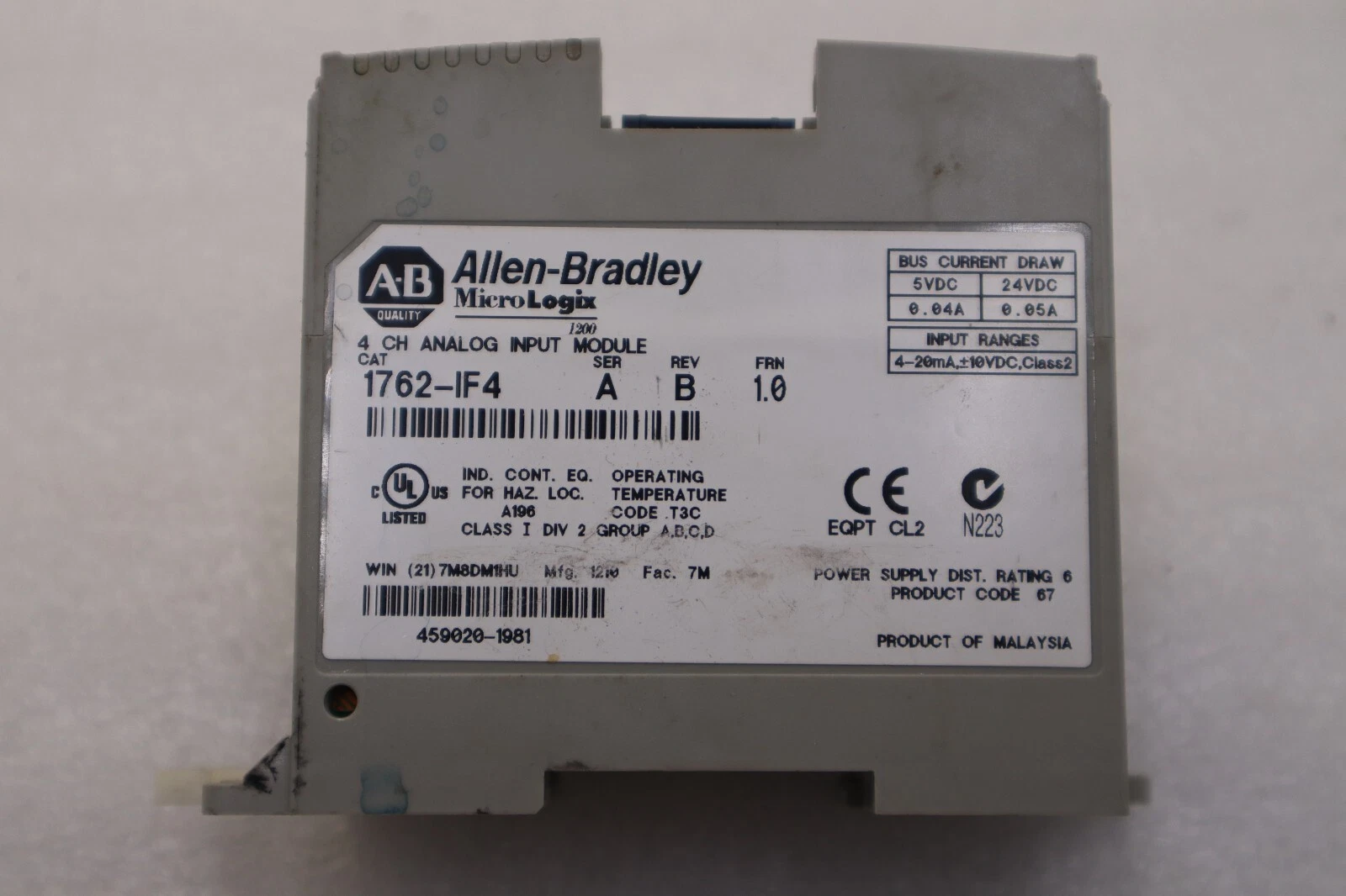 Used ALLEN-BRADLEY 1762-IF4 MICROLOGIX 4 CH ANALOG INPUT MODULE STOCK K-690-C