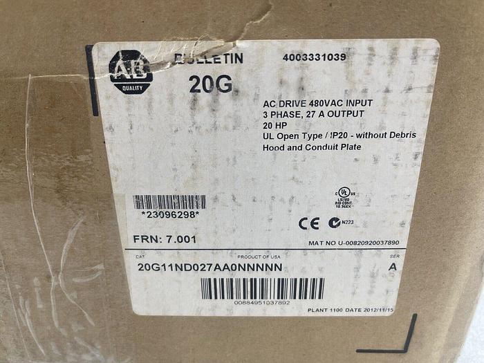 Allen Bradley 20G11ND027AA0NNNNN 20HP 480V PowerFlex 755 AC VFD STOCK 4462