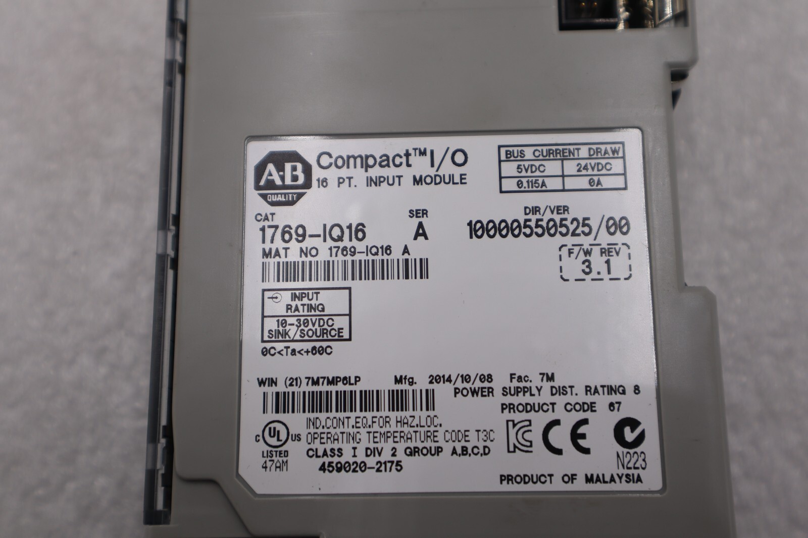 Used ALLEN-BRADLEY 1769-IQ16 SERIES A INPUT MODULE 2014 STOCK #K-2552-B