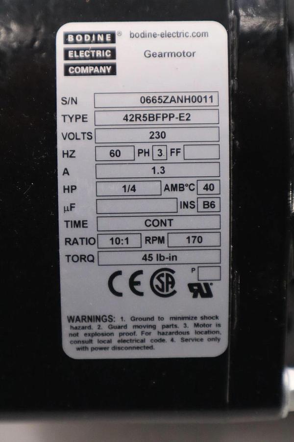 Bodine gear motor 42r5bfpp-e2 230V 3PH 1/4HP 10:1 170 RPM NEW UNIT STOCK H47