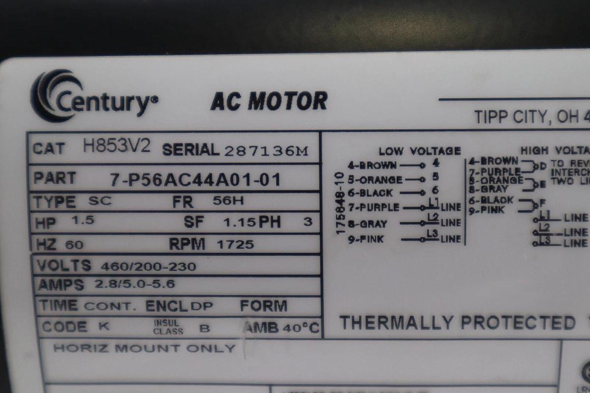 NEW OPEN BOX Century AC MOTOR H853V2 1-1/2 HP3-Phase Frame 56H STOCK 2176-A