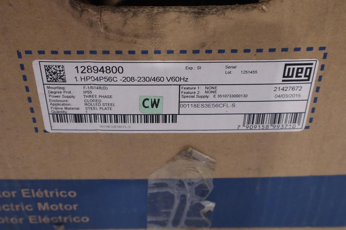 Used WEG MOTOR 12894800 1 HP04P56C -208-230/460 V60HZ NEW IN BOX STOCK SGF-267