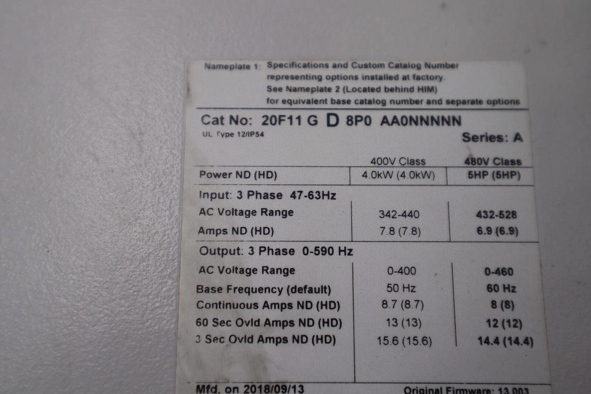 Used Allen Bradley PowerFlex 753 5 HP VFD 20F11GD8P0AA0NNNNN STOCK 2562