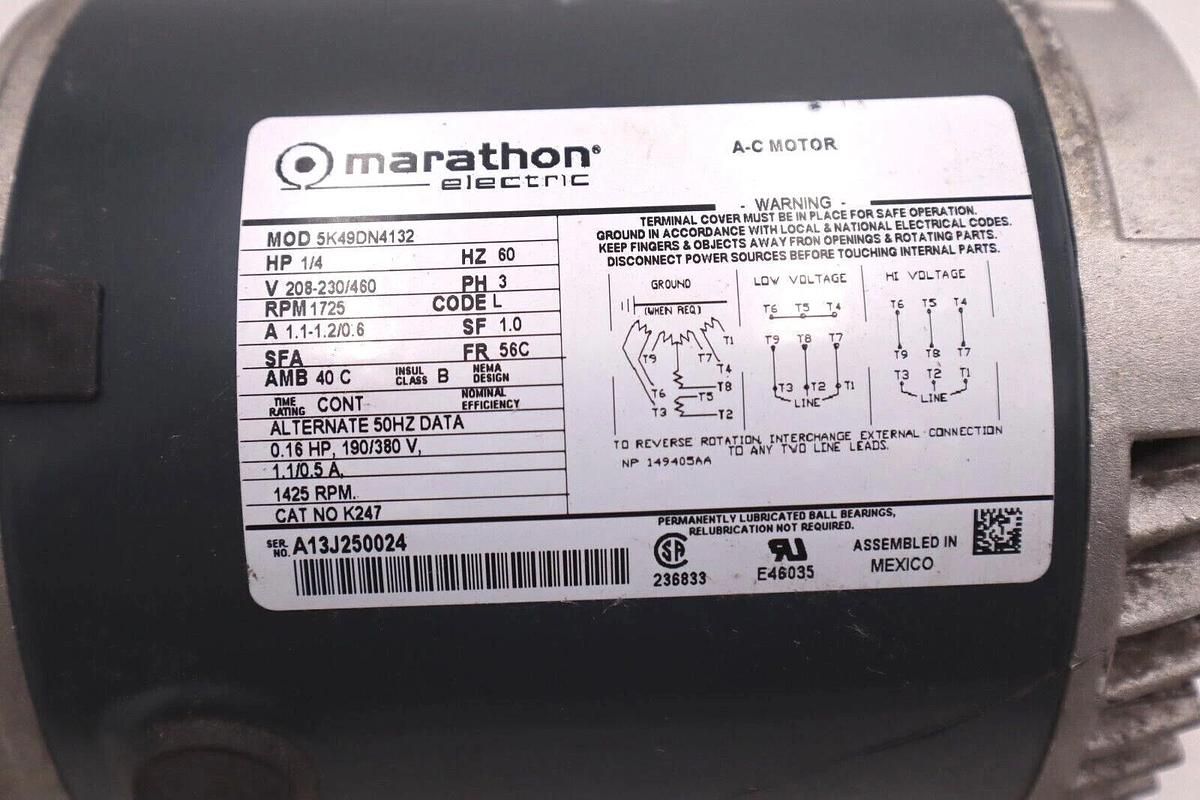 Used MARATHON 5K49DN4132 AC Motor 1/4 HP PH 3 1725 RPM #L-253