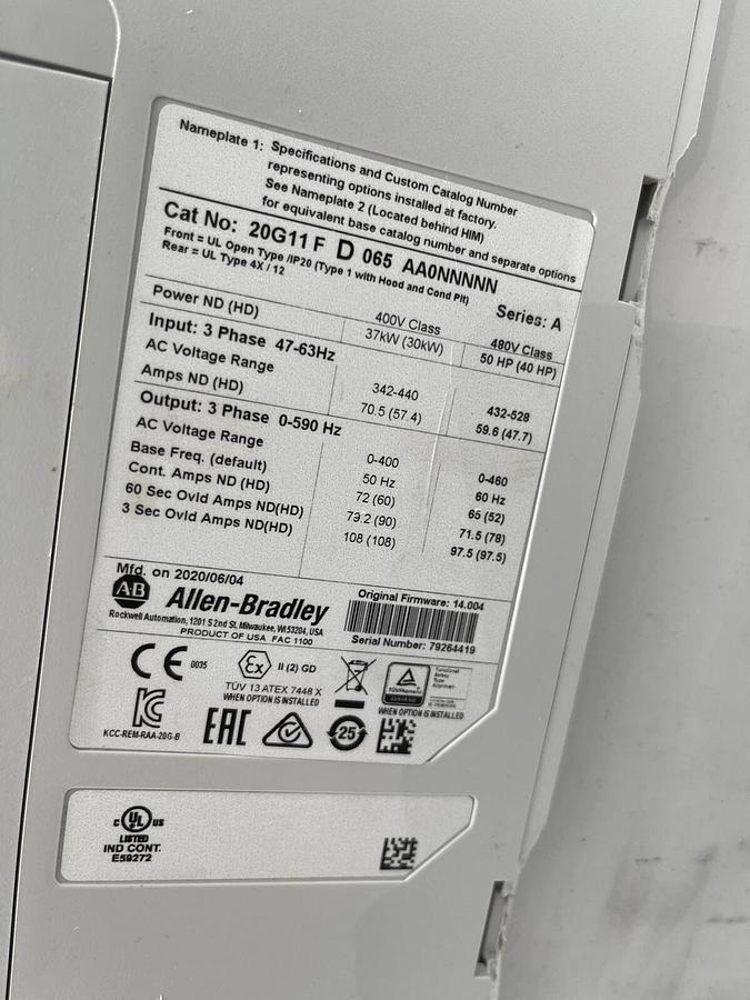 Used ALLEN BRADLEY POWERFLEX 755 20G11FD065AA0NNNNN SER. A F/W 14.004  STOCK 3167