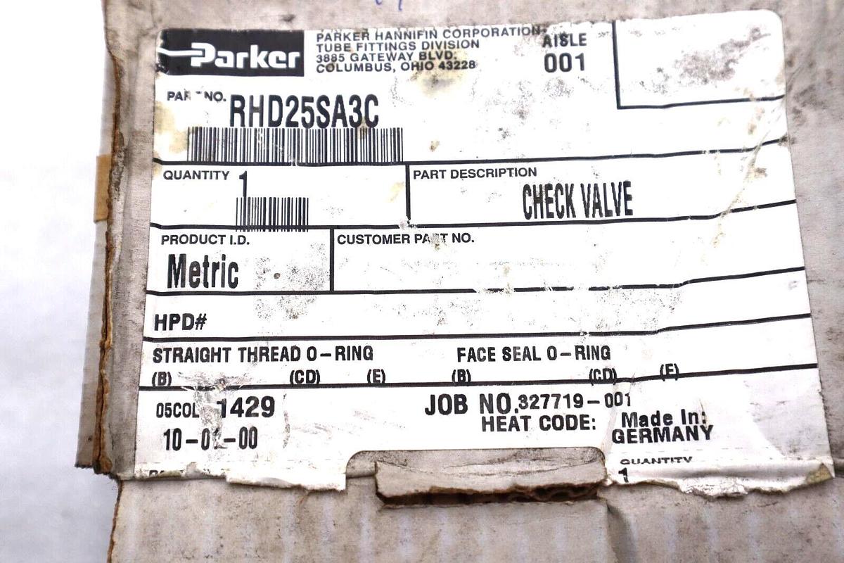 Used NEW PARKER RHD25SA3C METRIC CHECK VALVE FLUID CONNECTORS #L-586