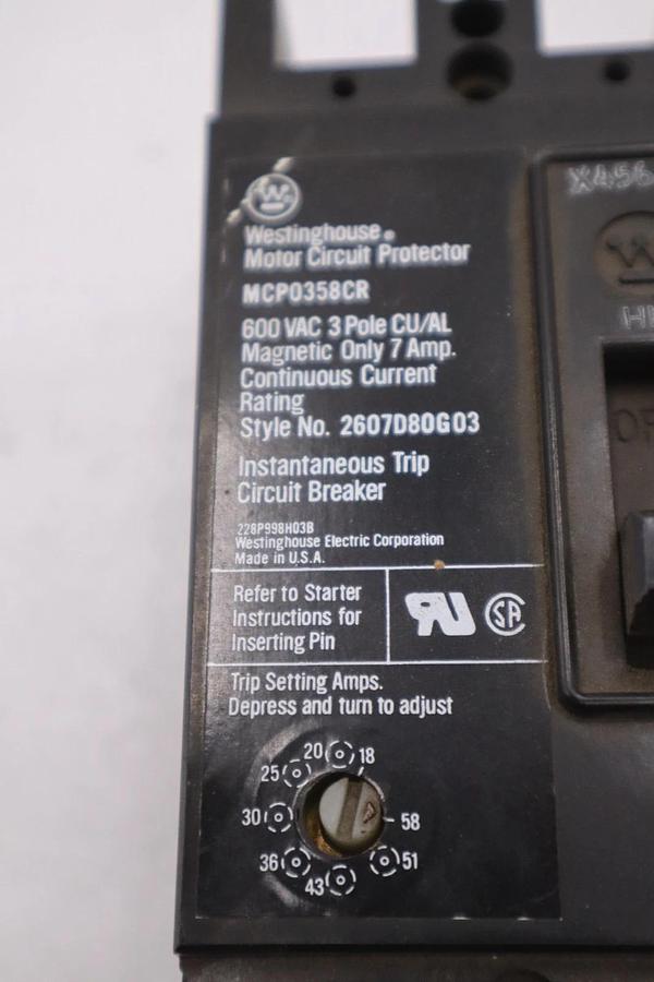 Used Westinghouse MCP0358CR Circuit Breaker 7A 3P 600VAC STOCK 5743CC