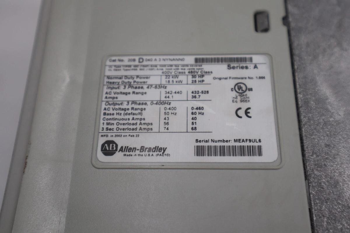 Used Allen-Bradley VFD Powerflex 700, 20bd040a3nynann0, 30 HP, 480V, 460 Hz STOC 1846