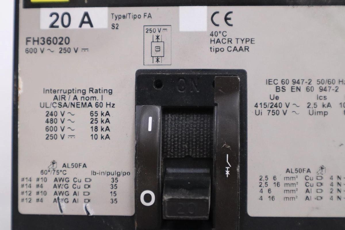NEW OPEN BOX SQUARE D FH36020 3 POLE 20AMP 600v I-LINE CIRCUIT BREAKER STK H1234