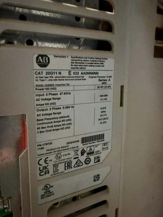Used 20 HP ALLEN BRADLEY POWERFLEX 755 DRIVE CAT. 20G11NE022AA0NNNNN 600V